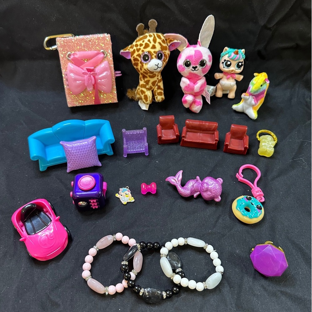 Mixed Toy Lot Ty Beanie Boos Barbie Car Dollhouse Furniture Jewelry Fidget Cube
